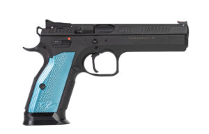CZ-USA 91220 TS 2  9mm Luger 20+1 5.28" Blued Steel Barrel, Black Serrated Steel Slide, Black Polycoat Steel Frame w/Beavertail, Blue Checkered Aluminum Grip, Ambidextrous