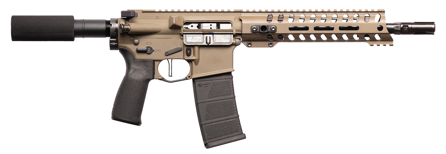 Patriot Ordnance Factory 01803 Minuteman DI 5.56x45mm 30+1 10.50" Nitride Treated Chrome Moly Barrel, 9" M-LOK Handguard, Patriot Brown Cerakote Receiver, Black Synthetic Buffer Tube, Black MFT Grips