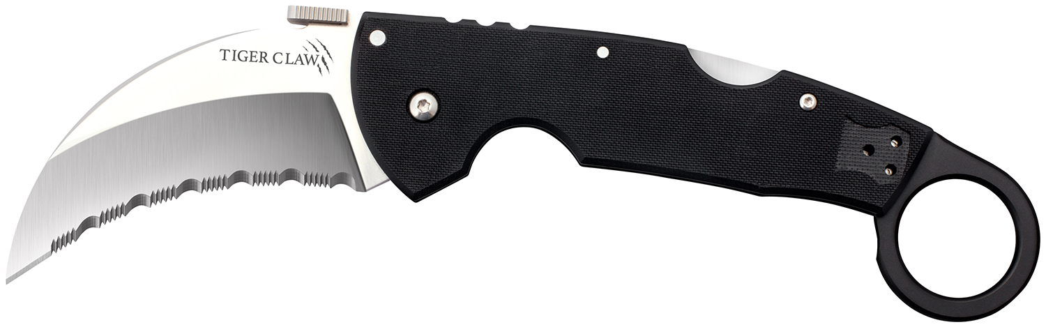 Cold Steel CS22KFS Tiger Claw 3.50" Folding Hawkbill Serrated Stonewashed American S35VN Blade/6" Matte Black w/Ring G10 Handle Includes Belt Clip