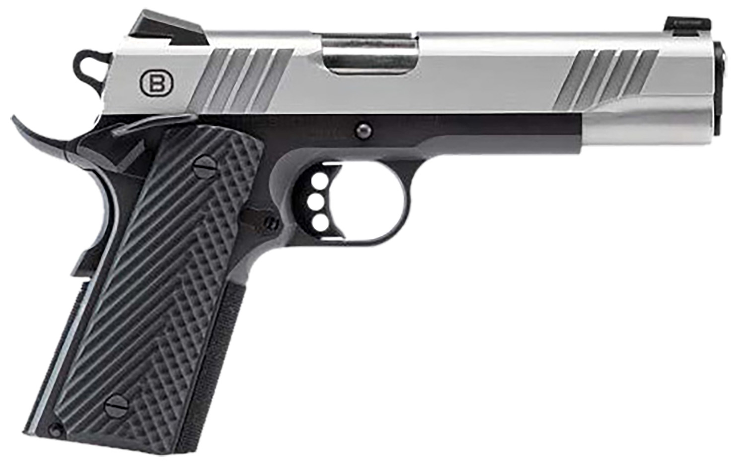 Bersa B19117050SBBK B1911 Full Size Frame 45 ACP 8+1 5" Stainless Steel Barrel, Stainless Serrated Steel Slide, Black Stainless Steel Frame w/Beavertail, Black VZ Grip, Ambidextrous