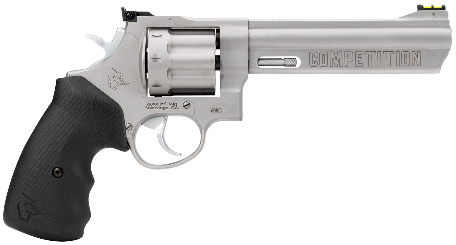 Taurus 2-608069CMP 608 Competition 357 Mag/38 Special +P 8 Shot 6" Matte Stainless Steel Barrel, Cylinder & Frame, Black Finger Grooved Grip, Transfer Bar Safety, Exposed Hammer