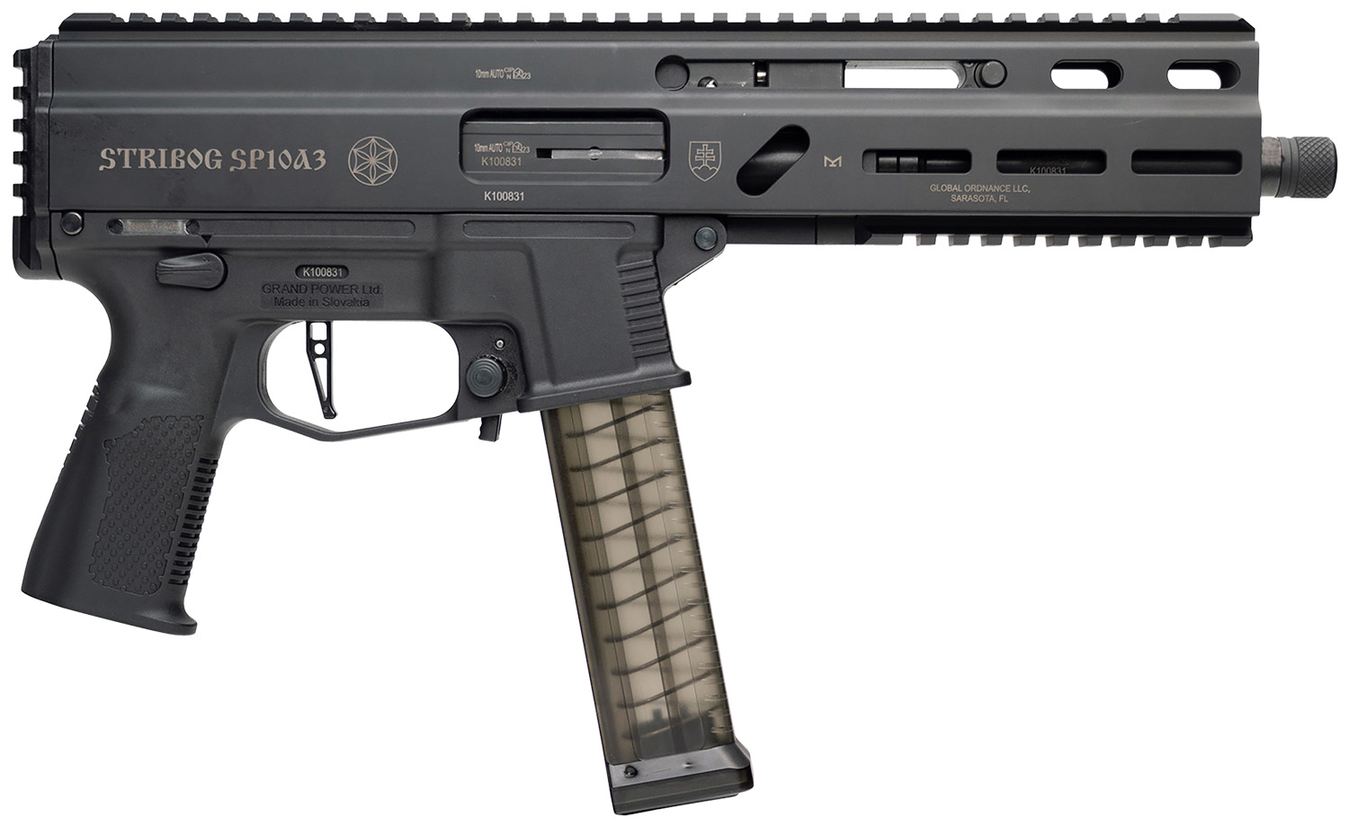 Grand Power 810091157152 SP10A3 Stribog 10mm Auto 20+1 8" Black Threaded Barrel, Black Aluminum Picatinny Rail Receiver, Rear picatinny Rail, Black Polymer Grip, Thread Protector