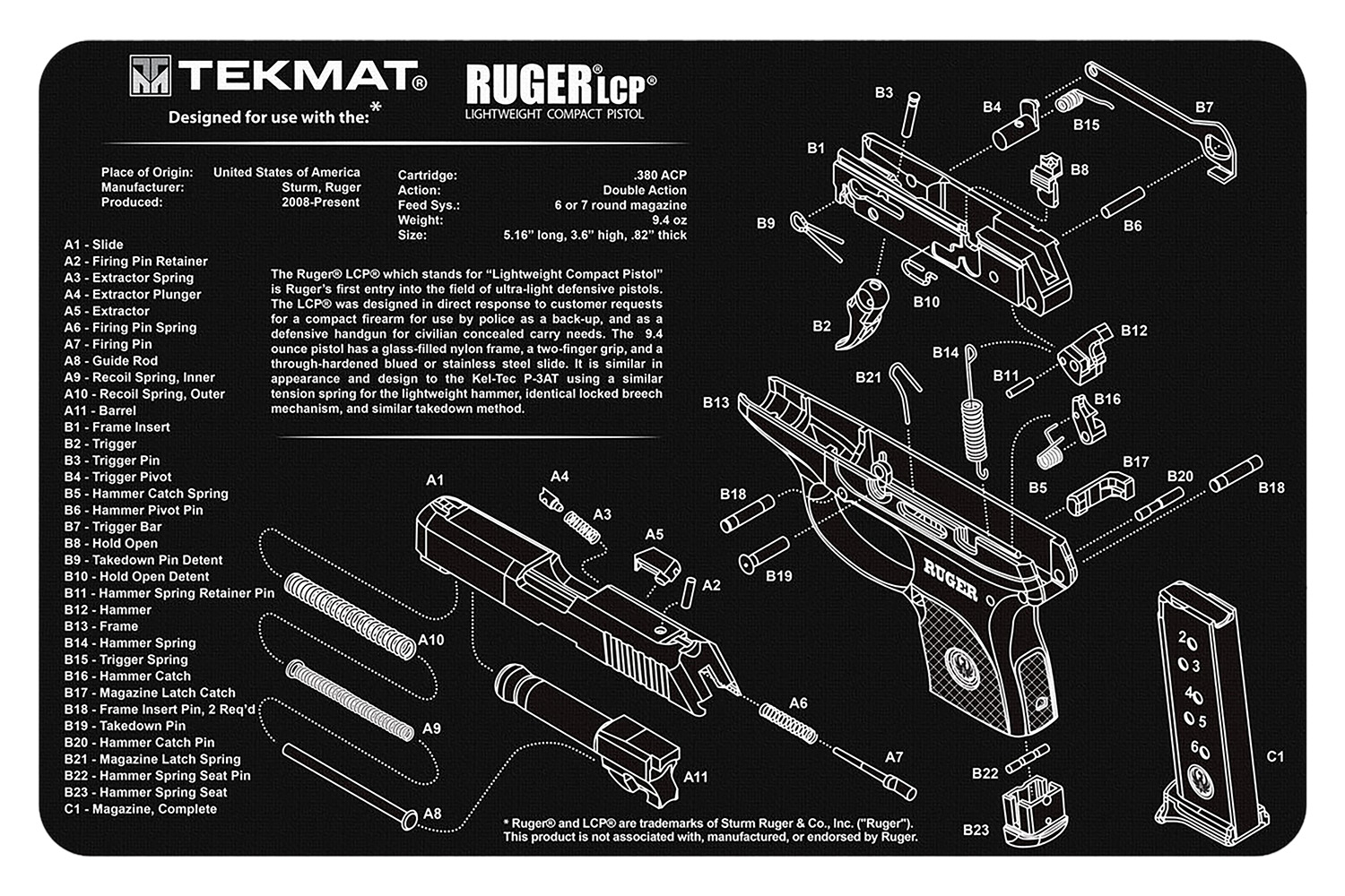 TekMat TEKR17RUGERLCP Ruger LCP Cleaning Mat Black/White Rubber 11"x17" Ruger LCP Parts Diagram