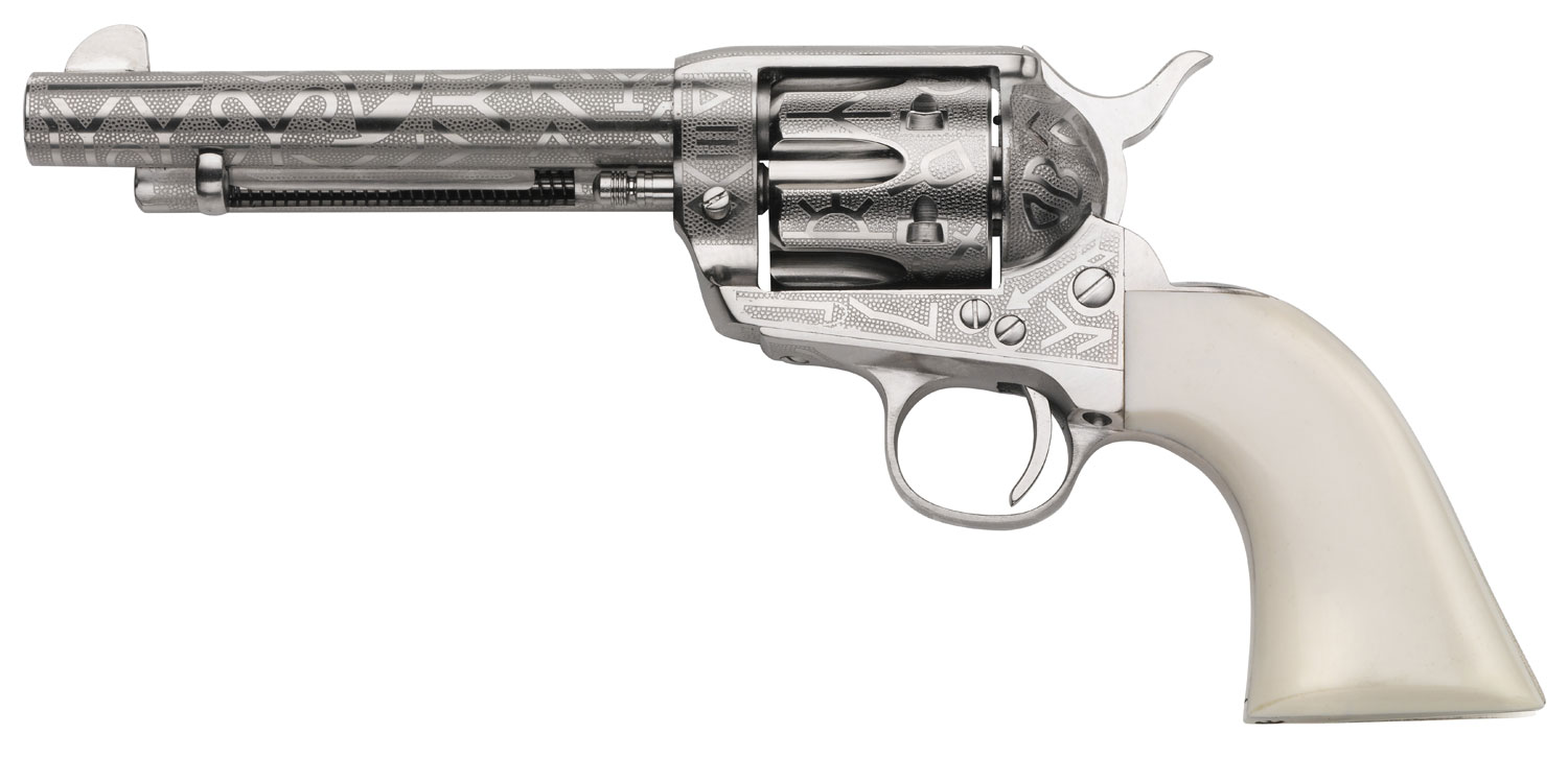 Taylors & Company 200061 1873 Cattle Brand Pietta 45 Colt (Long Colt) 6 Shot 5.50" Nickel Engraved Round Barrel, Cylinder & Steel Frame, White PVC Navy Grip, Exposed Hammer
