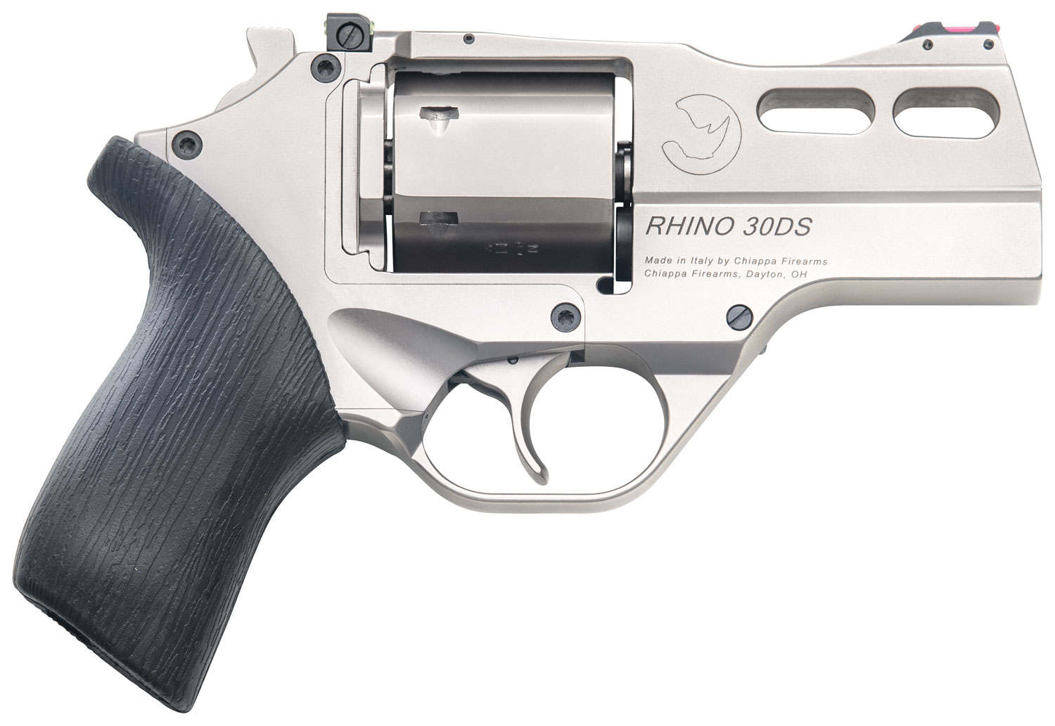 Chiappa Firearms CF340290 Rhino 30SAR *CA Compliant Small Frame 357 Mag 6 Shot, 3" Nickel-Plated Steel Vent Rib Barrel & Cylinder, Nickel-Plated Aluminum Frame, Black Rubber Grip, Concealed Hammer