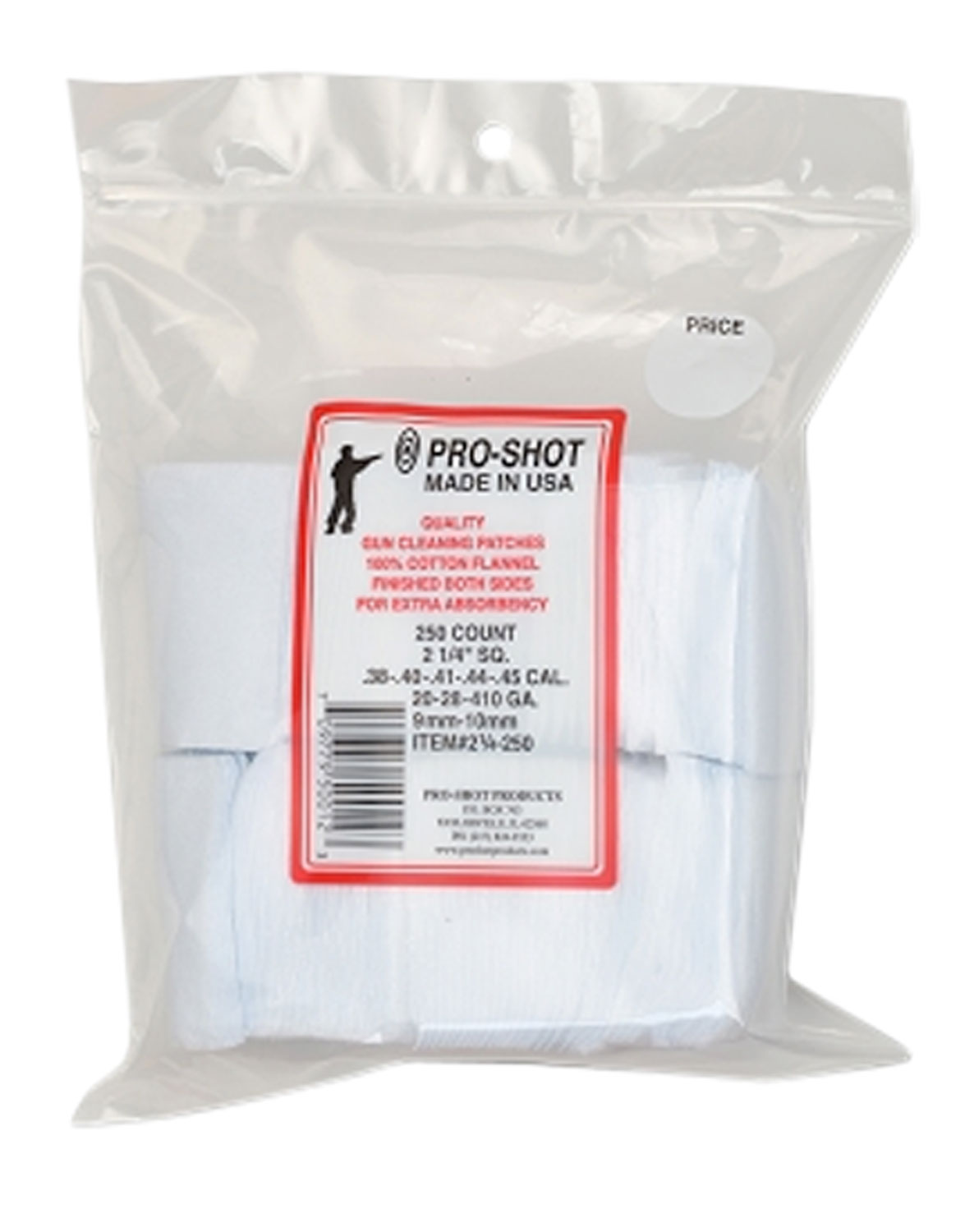 Pro-Shot 214250 Cleaning Patches .38 – .45 Cal/ .410 / 20 Gauge 2.25″ Square Cotton Flannel 250 Pack